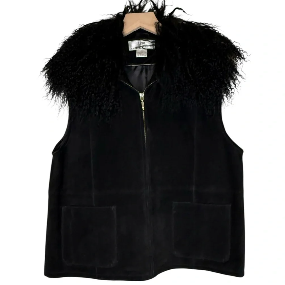 Vintage‎ Penny Lane Lisa International Black 100% Suede Fur Trim Vest- Women's L
